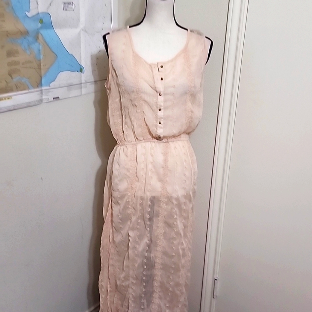 "ARCHEOLOGIE" PEACH SHEER EMBROIDERED MAXI TUNIC TOP SZ UK 12 (US 8)